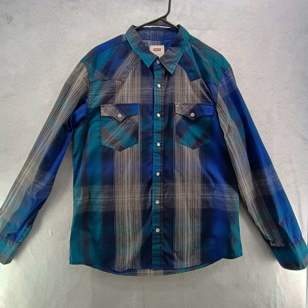 Levis Mens L Western Shirt Pearl Snap Plaid Blue Teal Cotton Blend Sz L